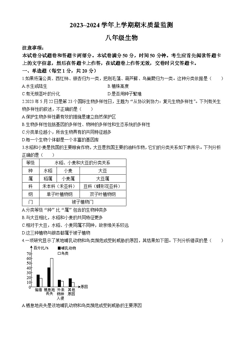 河南省长葛市2023-2024学年八年级上学期期末生物试题01