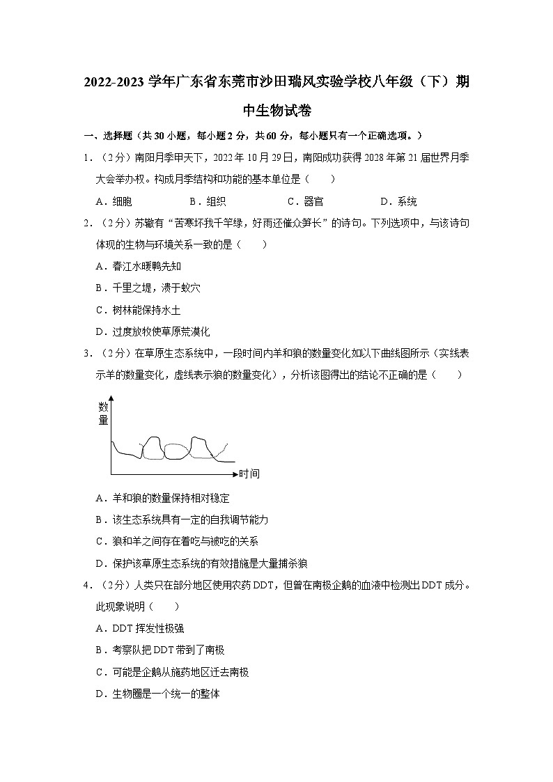 广东省东莞市沙田瑞风实验学校2022-2023学年八年级下学期期中生物试卷第1页