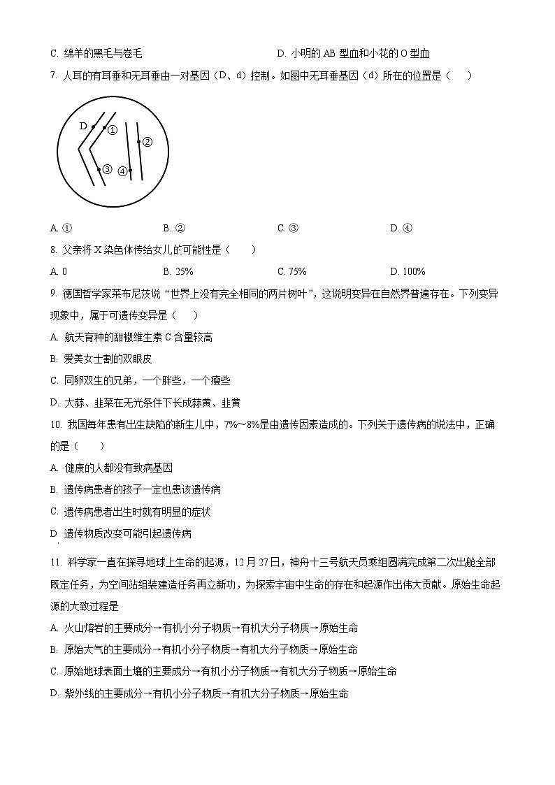 江西省丰城市丰城中学2023-2024学年八年级3月下学期月考生物试题(原卷版+解析版)02