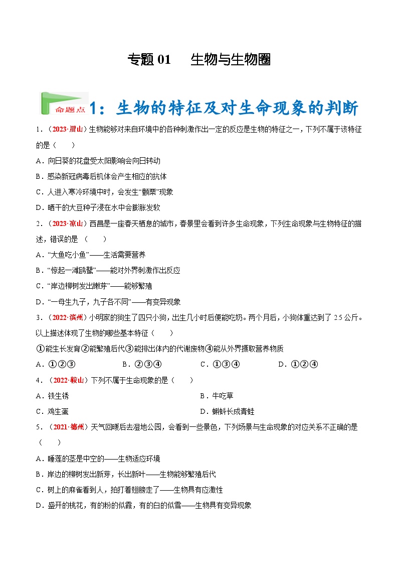 【2024会考】初中生物会考真题汇编 专题01 生物与生物圈（原卷+解析版）