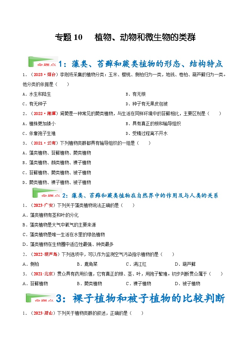 【2024会考】初中生物会考真题汇编 专题10 植物、动物和微生物类群（原卷+解析版）