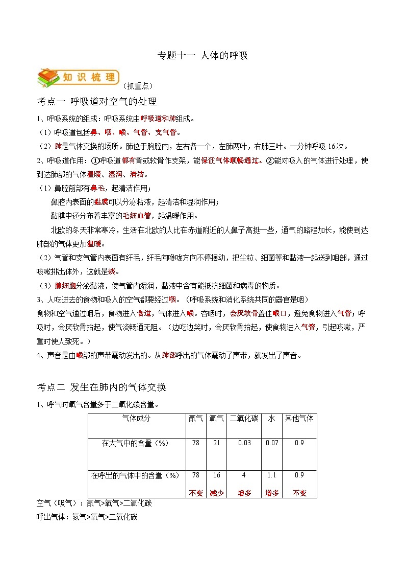中考生物一轮复习抓重点考典型专题11 人体的呼吸(含解析)第1页