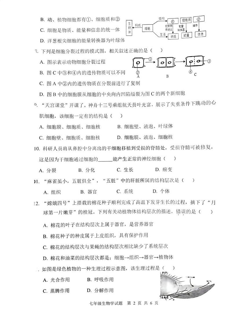 重庆市南岸区2023-2024学年七年级上学期期末质量监测生物学试题第2页