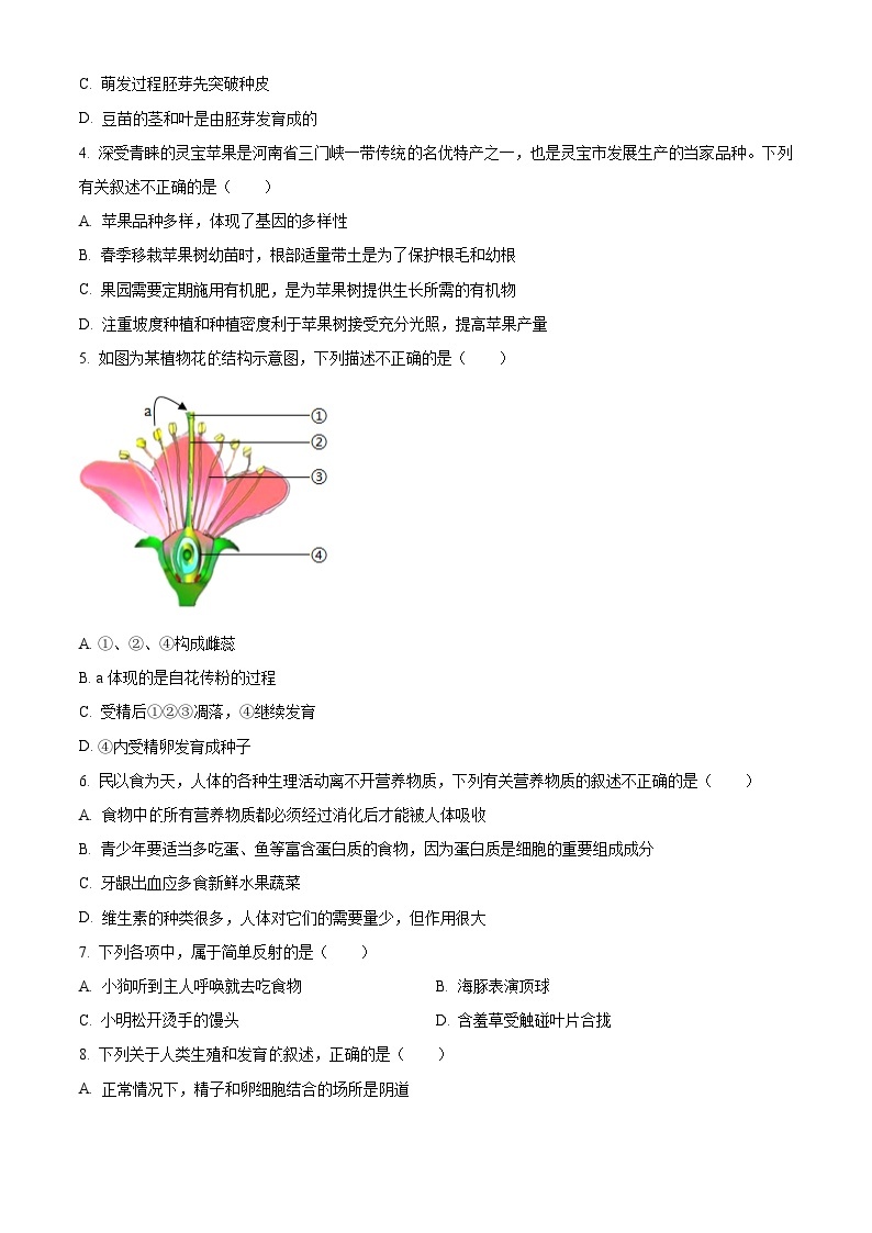 2024年河南省镇平县城区五校联考中考一模生物试题（原卷版+解析版）02