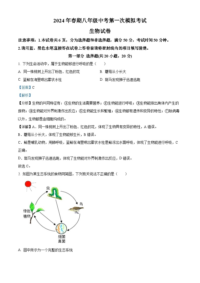 2024年河南省镇平县城区五校联考中考一模生物试题（原卷版+解析版）01