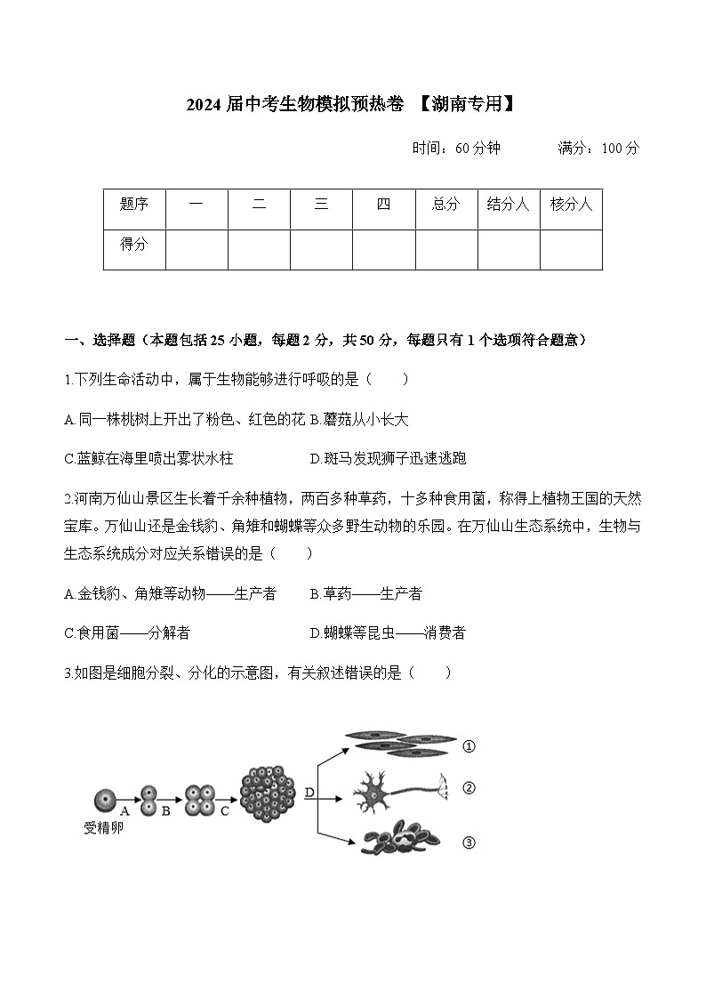 2024届中考生物模拟预热卷 【湖南专用】第1页