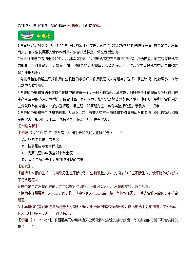 中考生物二轮复习重难点练习重难点04 生物圈中的绿色植物(一)(含解析)第3页