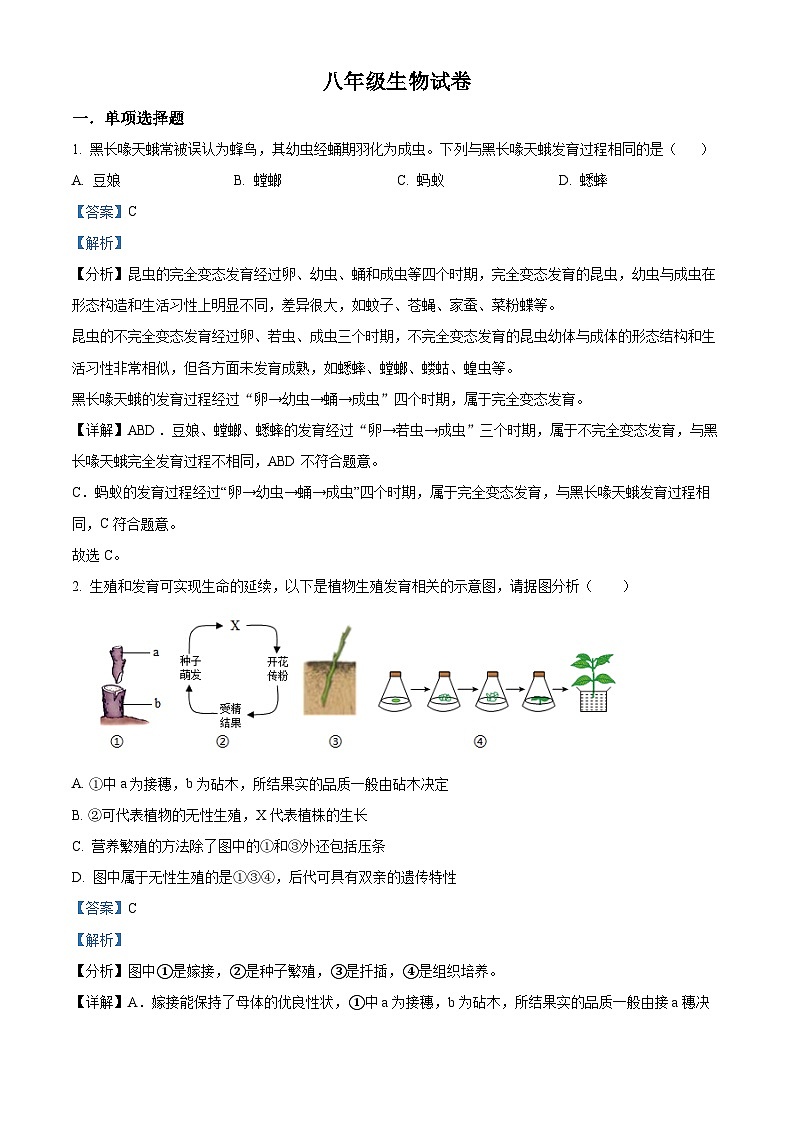 江苏省盐城市阜宁县阜实验初级中学2023-2024学年八年级下3月月考生物试题(解析版)第1页