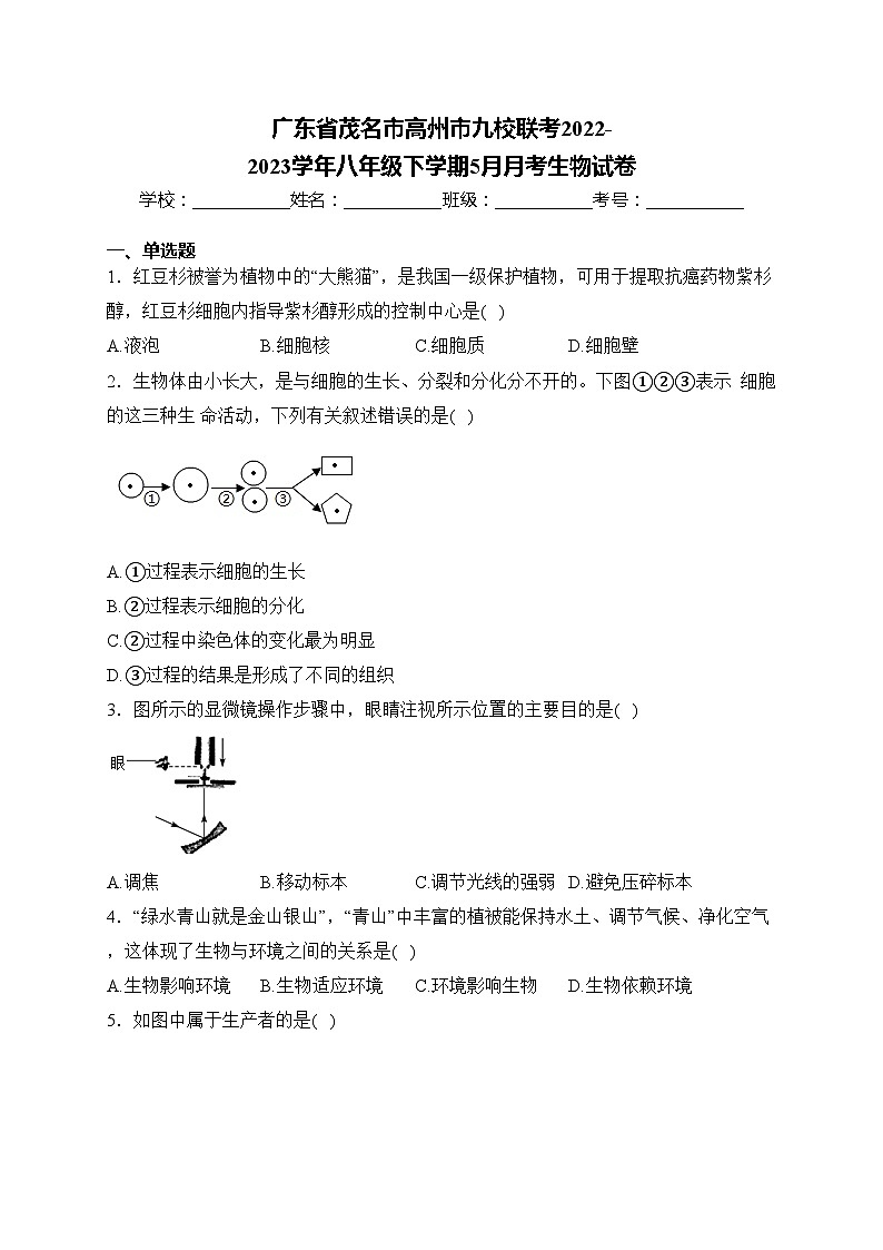 广东省茂名市高州市九校联考2022-2023学年八年级下学期5月月考生物试卷(含答案)第1页