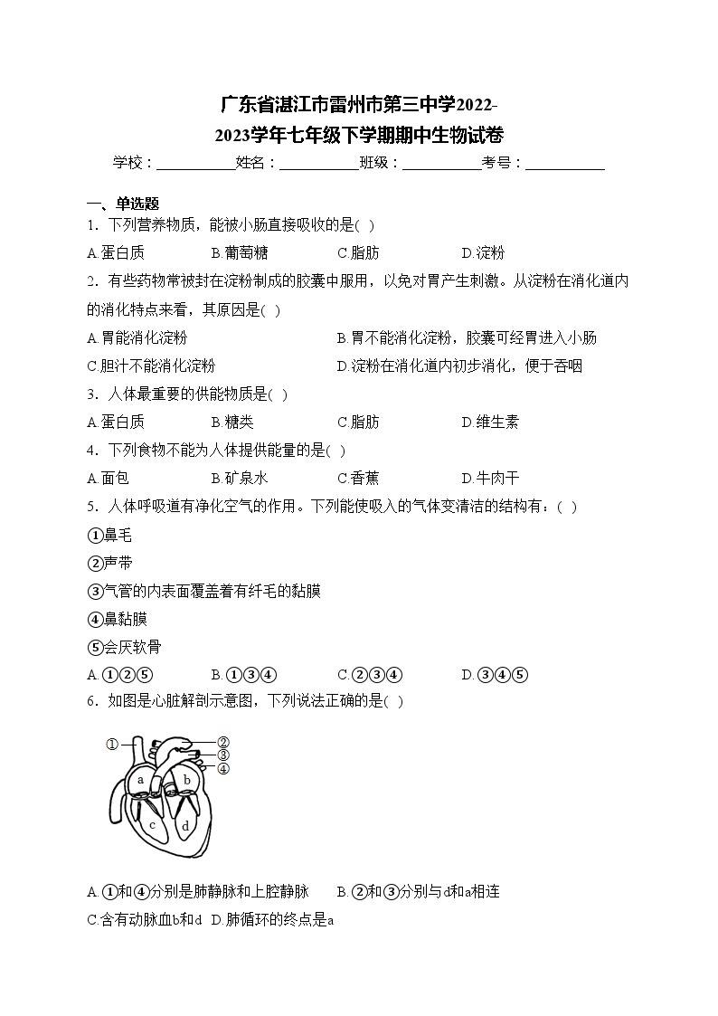广东省湛江市雷州市第三中学2022-2023学年七年级下学期期中生物试卷(含答案)01