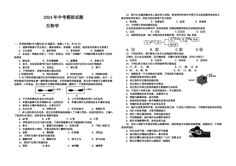 2024年甘肃省陇南市武都区两水镇中考一模生物试题第1页