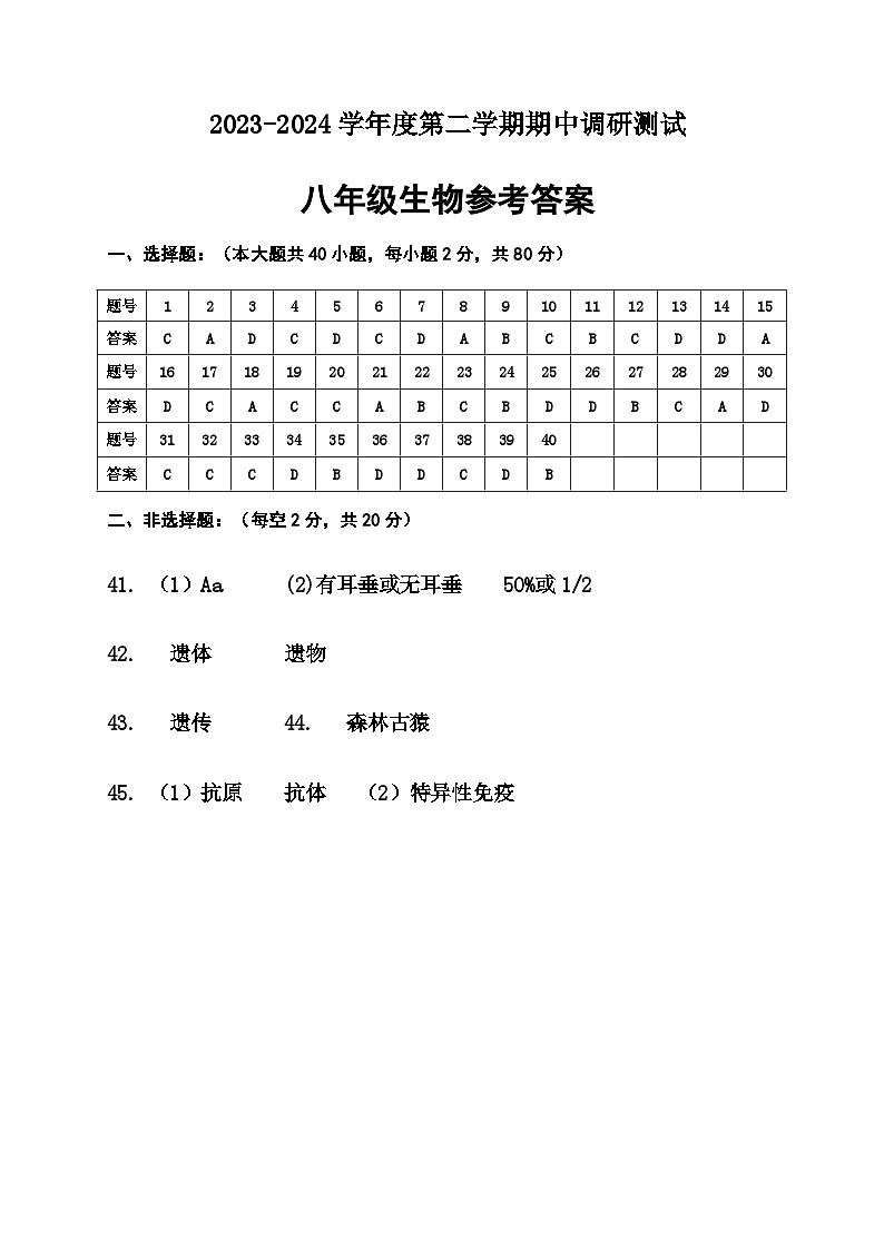 江苏省宿迁市宿城区2023-2024学年八年级下学期期中考试生物试卷01