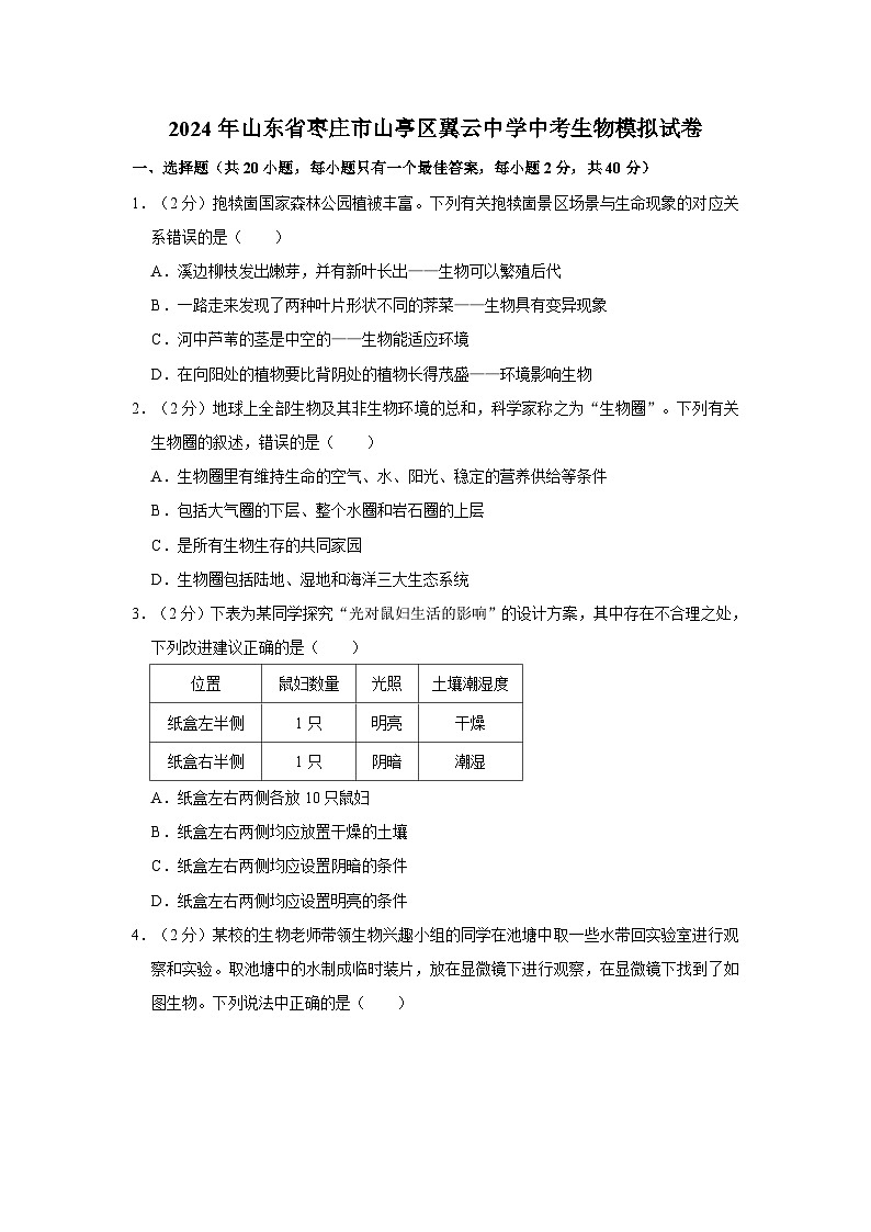 2024年山东省枣庄市山亭区翼云中学中考生物模拟试卷(解析版)第1页