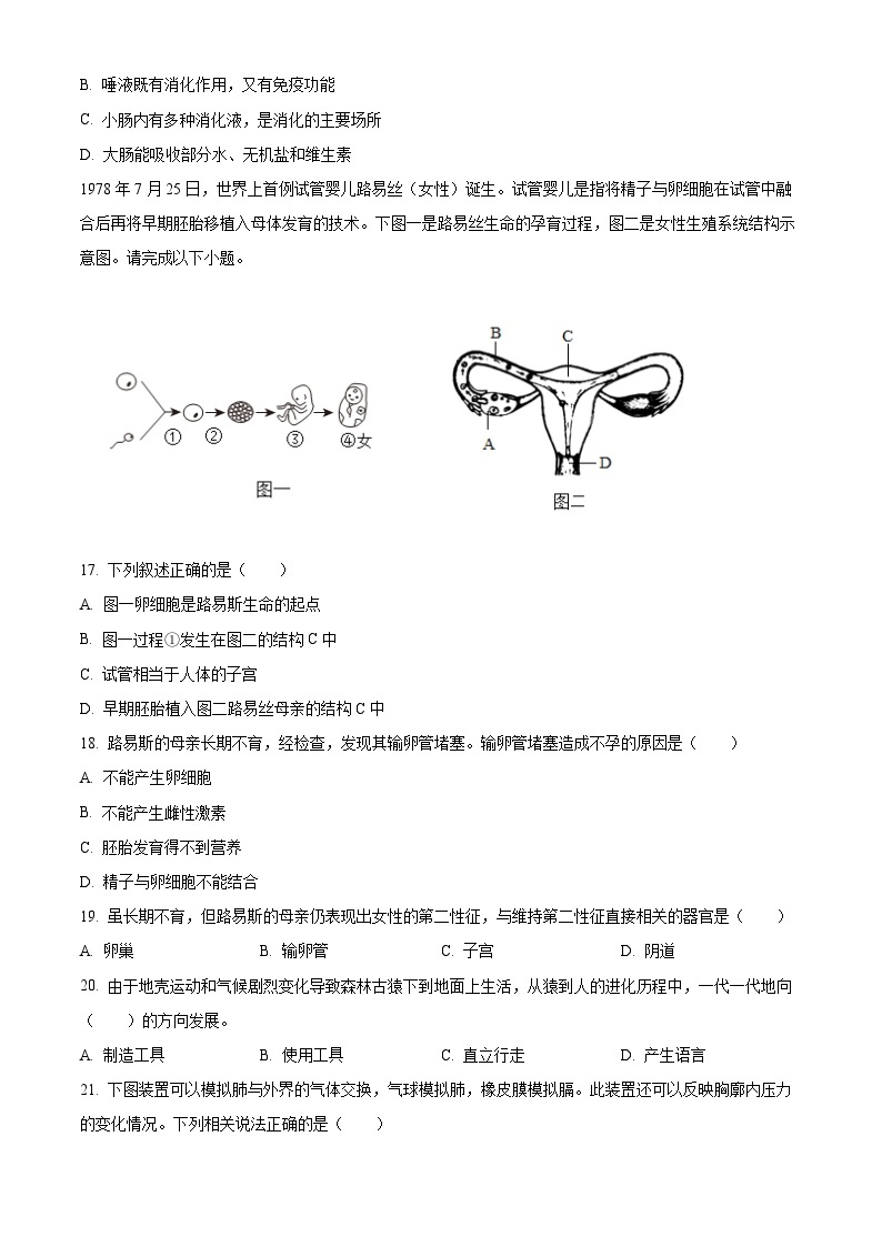 福建省福州市第三十二中学2023-2024学年七年级下学期3月月考生物试题（原卷版+解析版）03