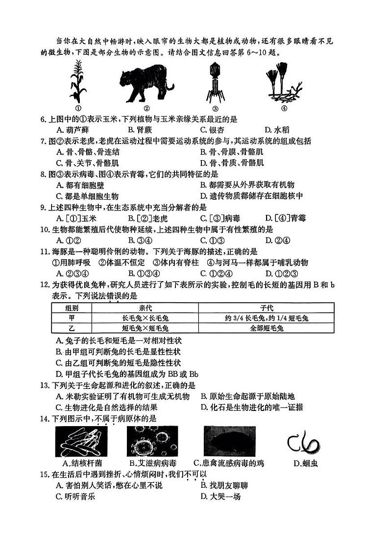 山西省吕梁市离石区2023-2024学年八年级下学期期中质量检测生物试卷02