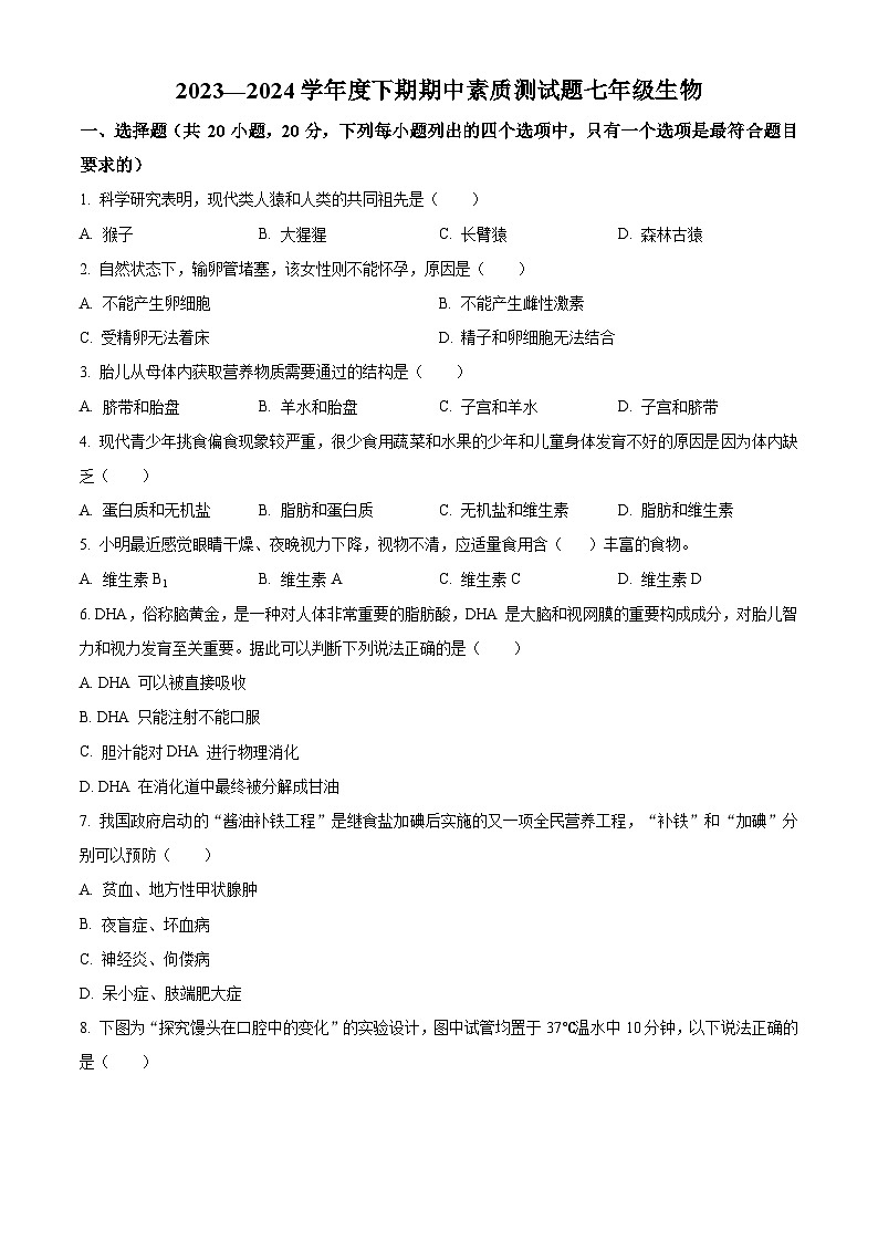 河南省驻马店市泌阳县2023-2024学年七年级下学期期中生物试题(原卷版)第1页