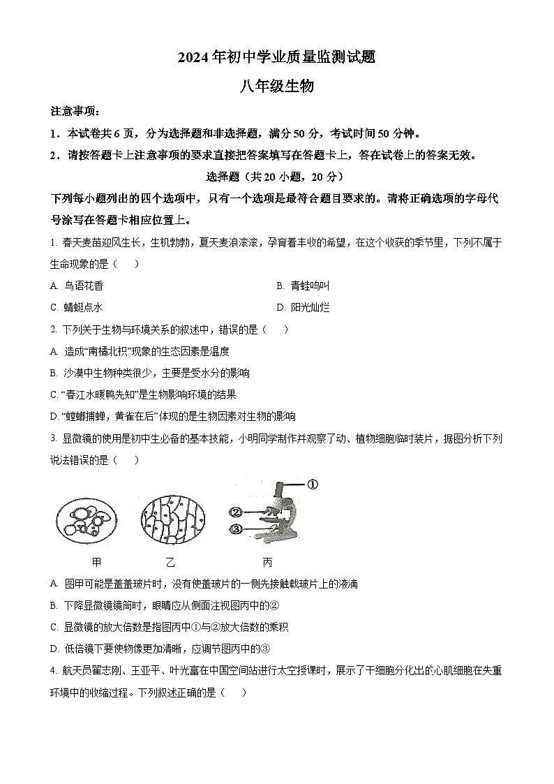 河南省駐馬店市平輿縣2023-2024學年八年級下學期期中生物試題（原卷版）第1頁