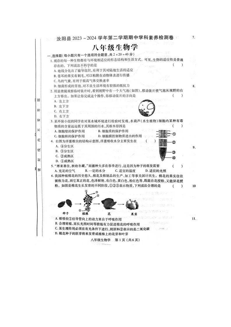 河南省洛阳市汝阳县2023-2024学年八年级下学期4月期中生物试题第1页