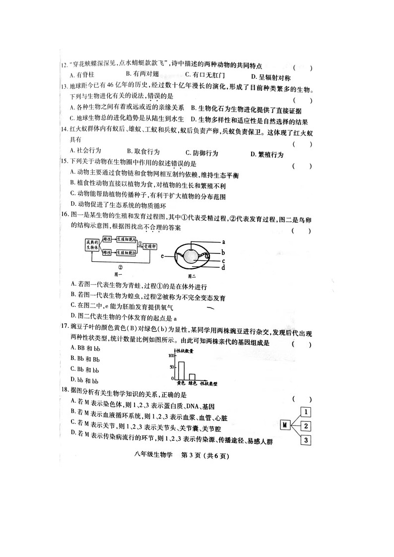 河南省洛阳市汝阳县2023-2024学年八年级下学期4月期中生物试题第3页
