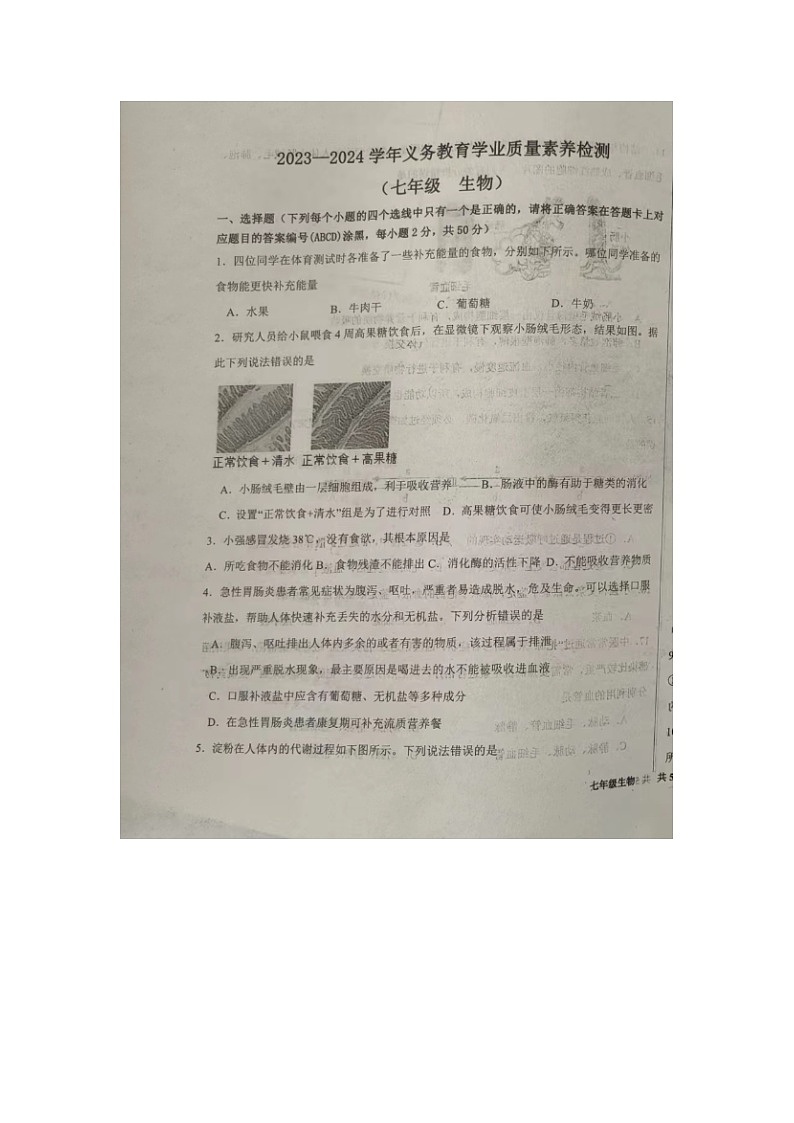山东省德州市陵城区2023-2024学年七年级下学期期中考试生物试题(图片版无答案)第1页