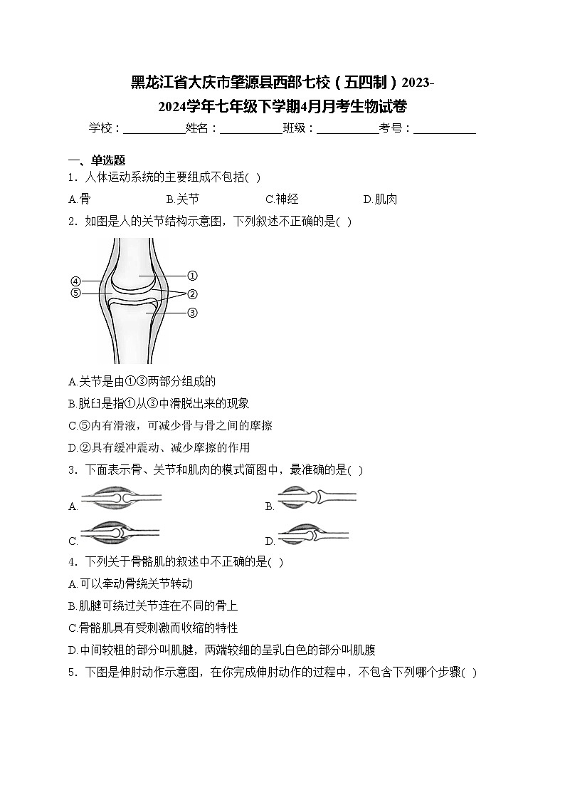黑龙江省大庆市肇源县西部七校(五四制)2023-2024学年七年级下学期4月月考生物试卷(含答案)第1页