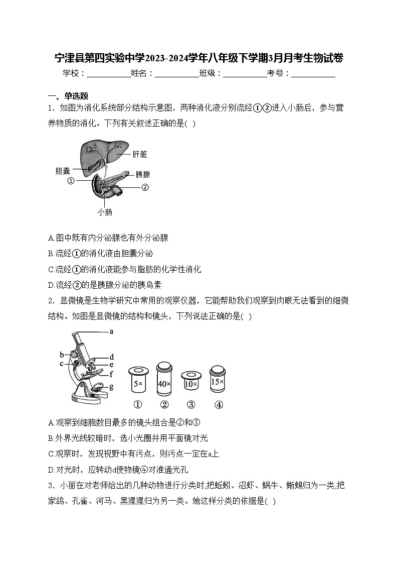 宁津县第四实验中学2023-2024学年八年级下学期3月月考生物试卷(含答案)第1页