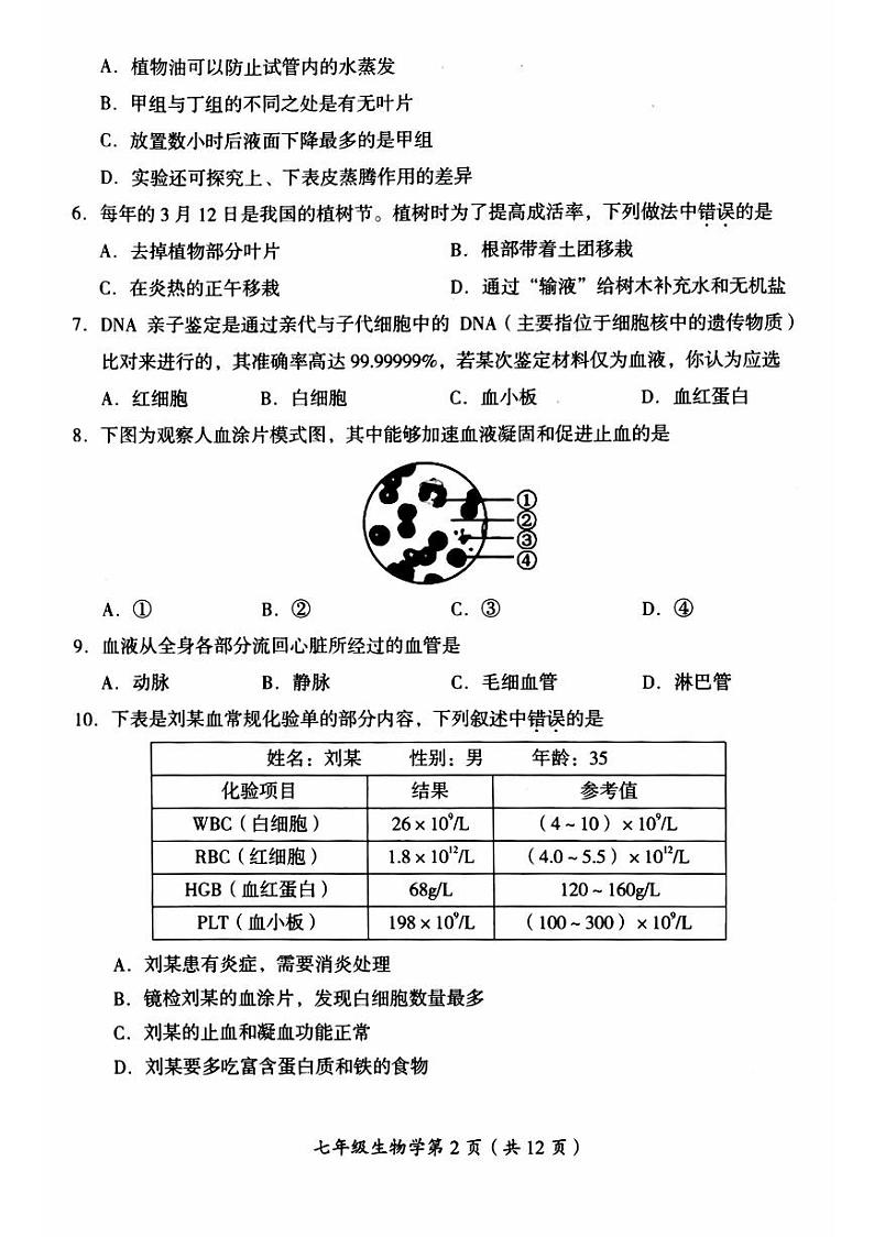北京市房山区2023-2024学年七年级下学期期中考试生物试卷02