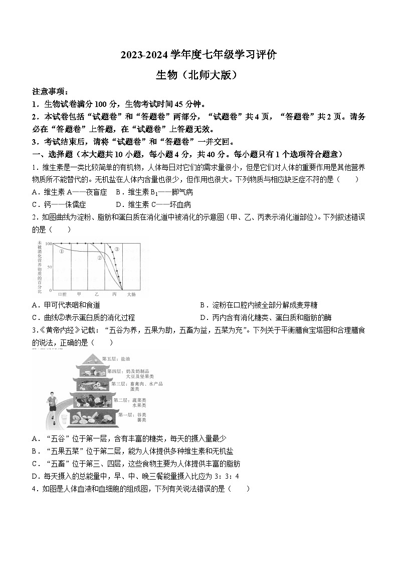 安徽省阜阳市临泉县中学联考2023-2024学年七年级下学期4月期中生物试题第1页