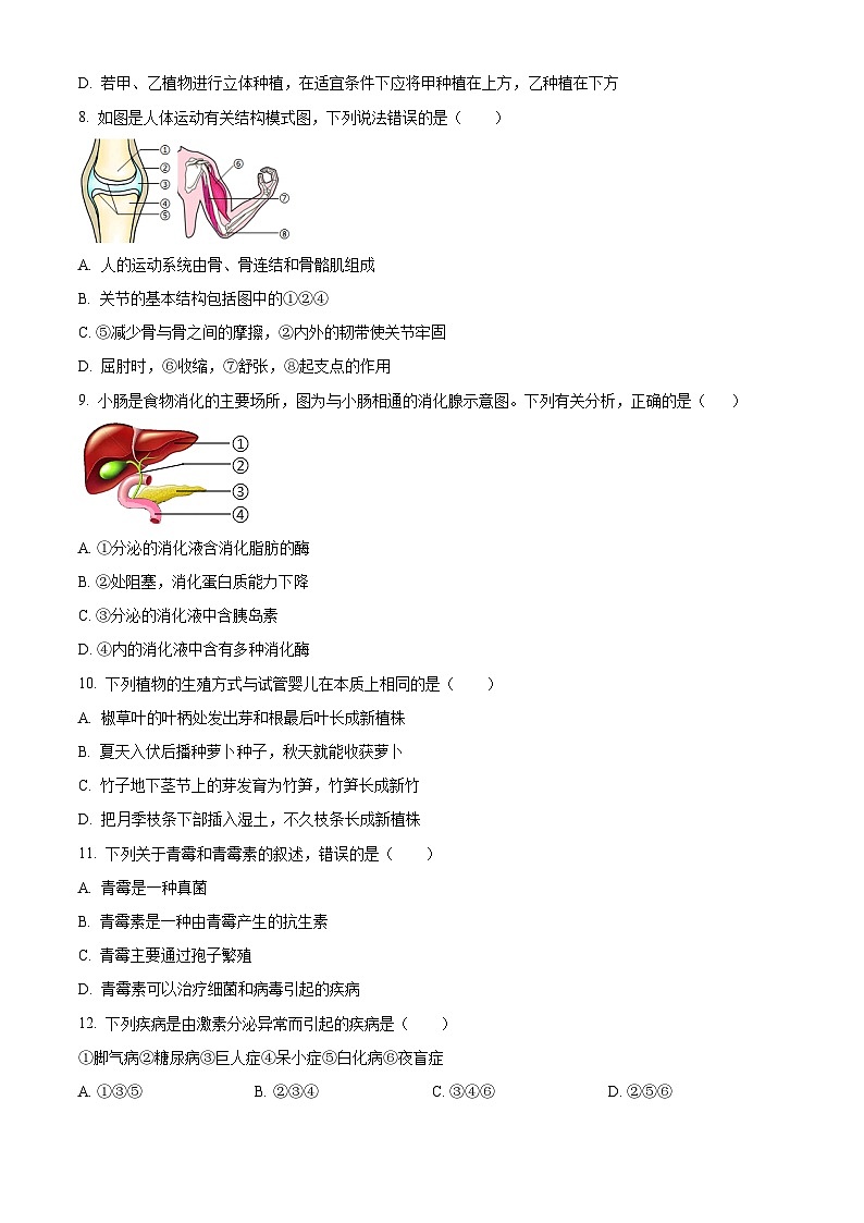 2024年山东省滨州市沾化区八年级生物中考一模试题(原卷版)第3页