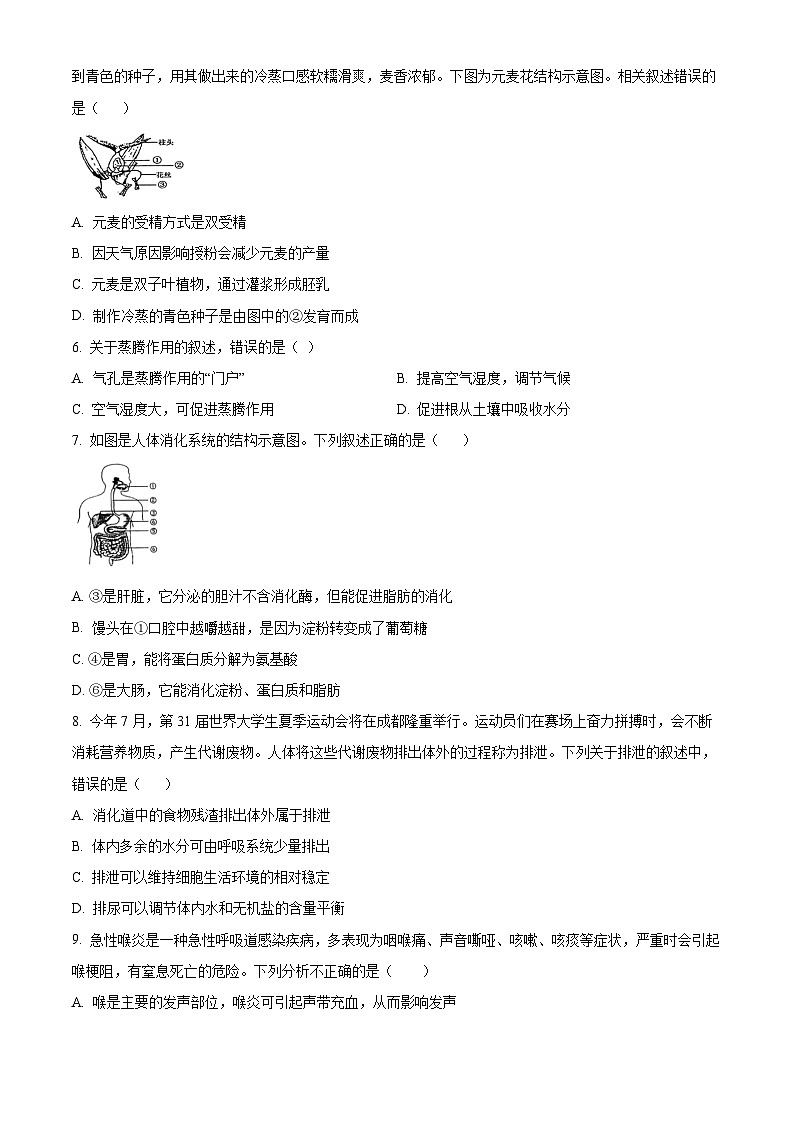 2024年山东省淄博市高青县中考一模生物试题(原卷版+解析版)02
