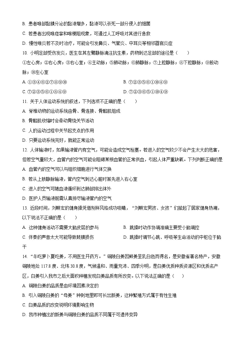 2024年山东省淄博市高青县中考一模生物试题(原卷版+解析版)03