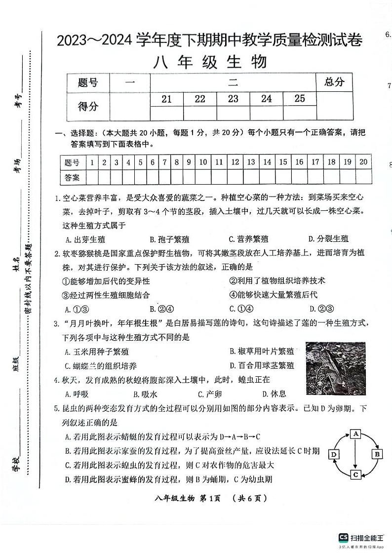 河南省漯河市郾城区2023-2024学年八年级下学期4月期中生物试题第1页