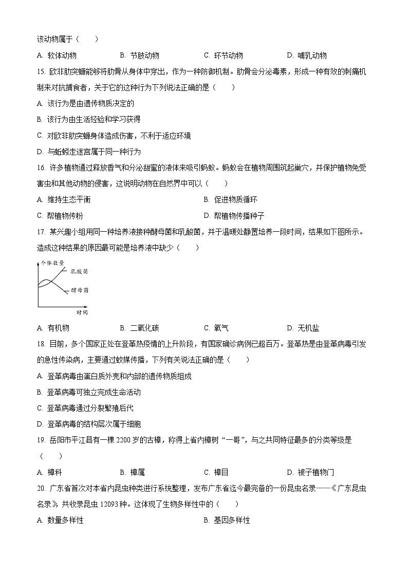 2024年湖南省邵阳市中考二模生物试题(原卷版+解析版)03