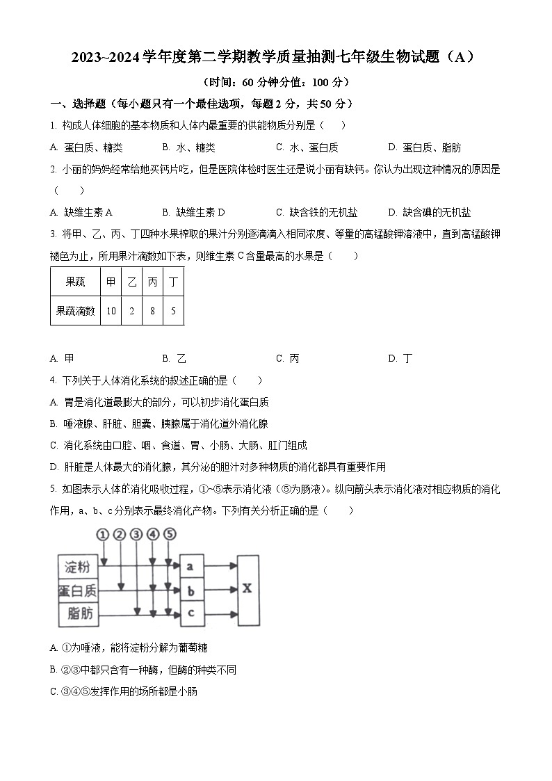 山东省滨州市滨城区2023-2024学年七年级下学期期中生物试题(原卷版)第1页