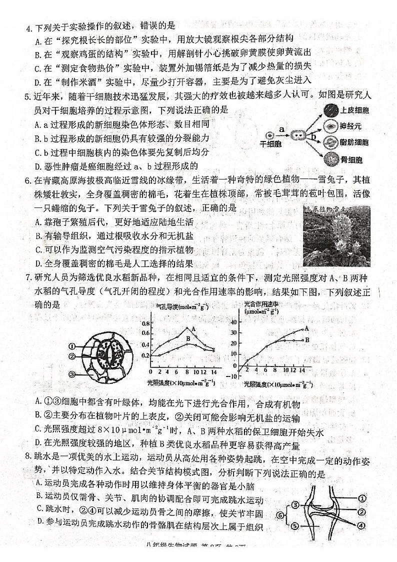 2024年山东省潍坊市高密市中考一模生物学试题02