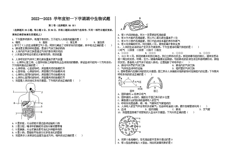 山东省武城县甲马营乡中学2023-2024学年七年级下学期期中考试生物试题第1页
