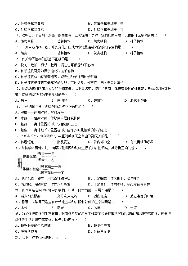 广东省珠海市斗门区第二中学2023-2024学年八年级下学期期中考试生物试卷(无答案)02