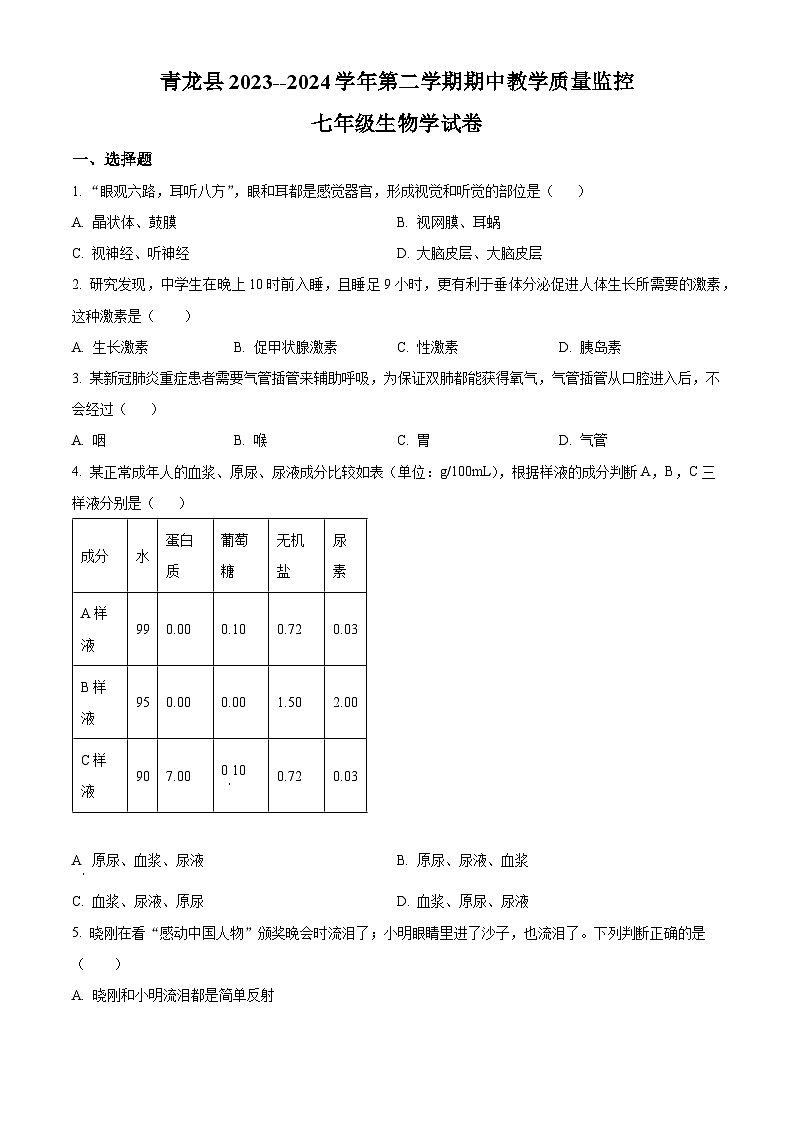 河北省秦皇岛市青龙满族自治县2023-2024学年七年级下学期期中生物试题(原卷版+解析版)01