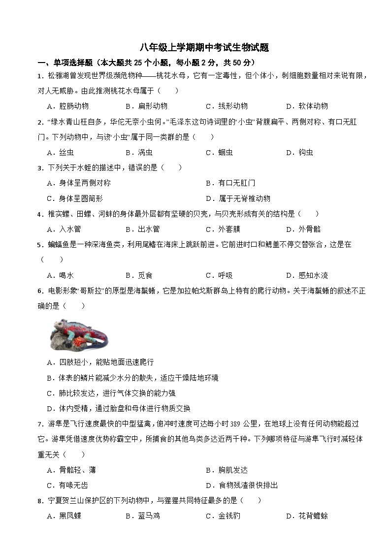湖南省长沙市2024年八年级上学期期中考试生物试题(附答案）01