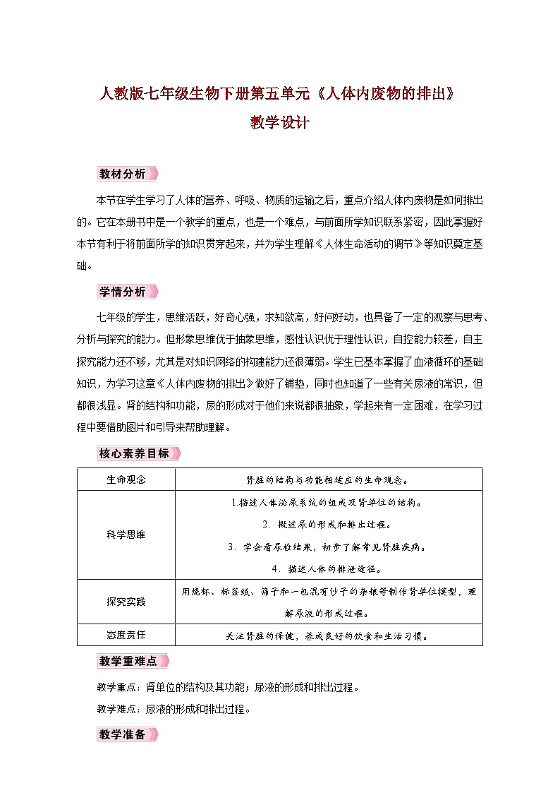 人教版七年级生物下册第五单元《人体内废物的排出》教学设计01