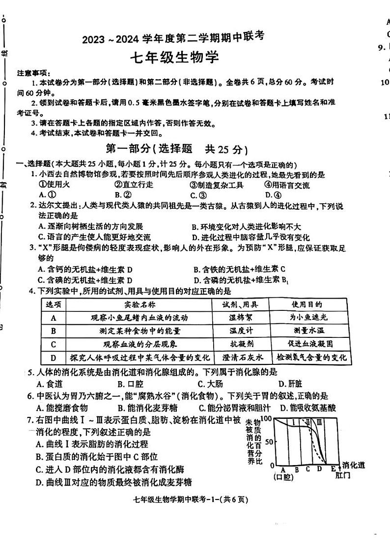 陕西省咸阳市秦都区2023-2024学年七年级下学期期中质量检测生物试卷01