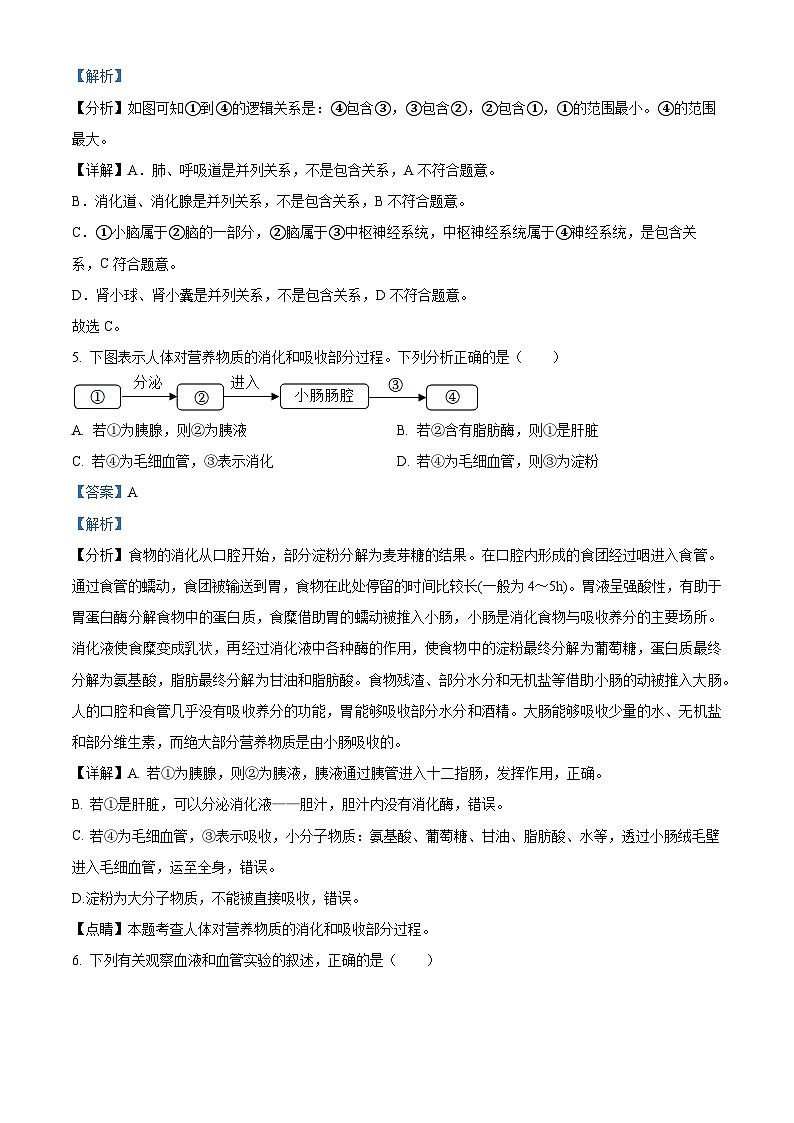 安徽省黄山地区2023-2024学年七年级下学期期中生物试题(解析版)第3页
