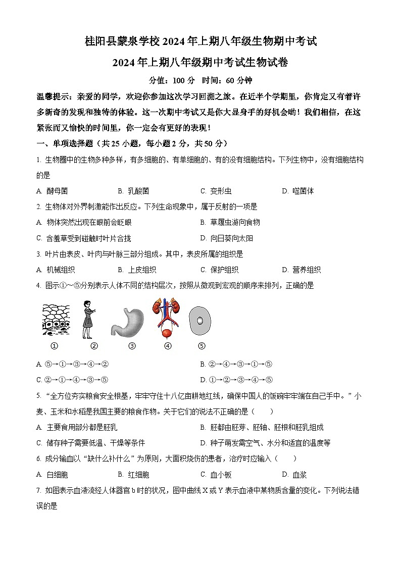 湖南省郴州市桂阳县蒙泉学校2023-2024学年八年级下学期期中生物试题(原卷版+解析版)01