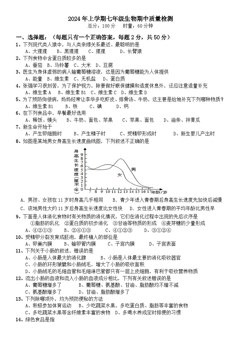 湖南省衡阳市衡山县衡山星源教育集团2023-2024学年七年级下学期5月期中生物试题第1页