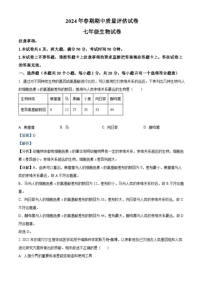 河南省南阳市淅川县2023-2024学年七年级下学期期中生物试题(解析版)第1页