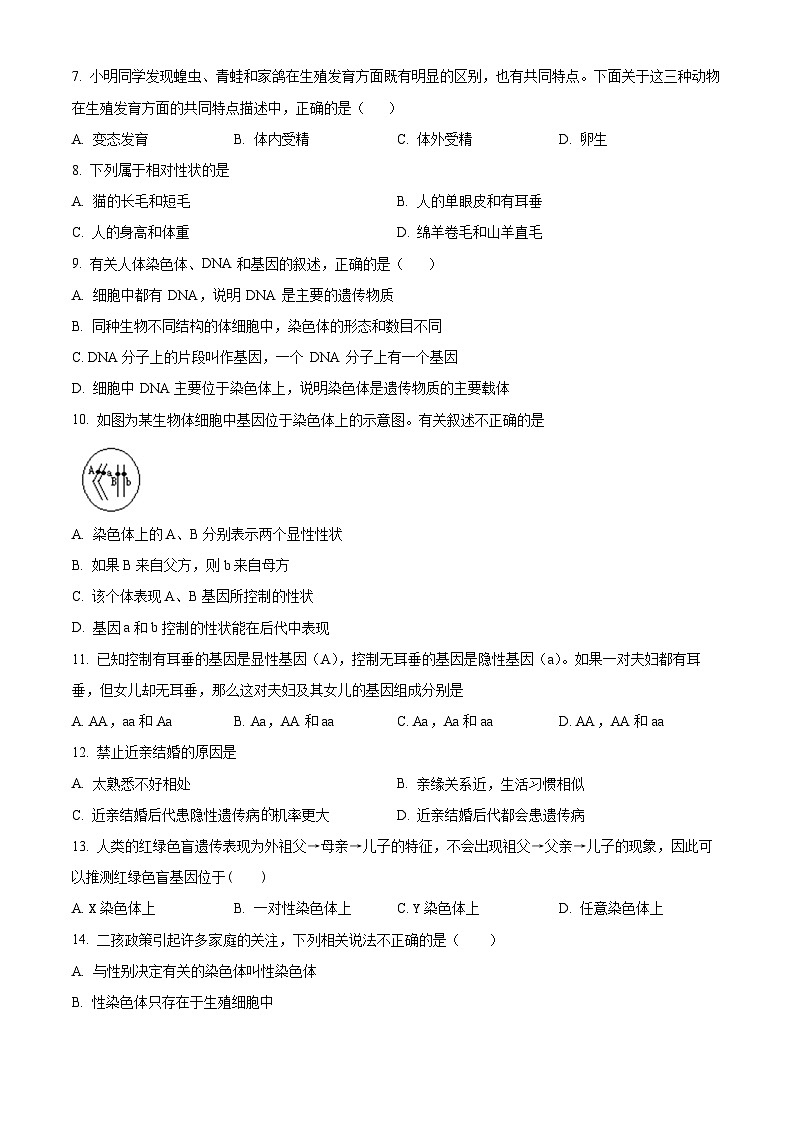 安徽省安慶市外國語學校2023-2024學年八年級下學期期中生物試題（原卷版）第2頁