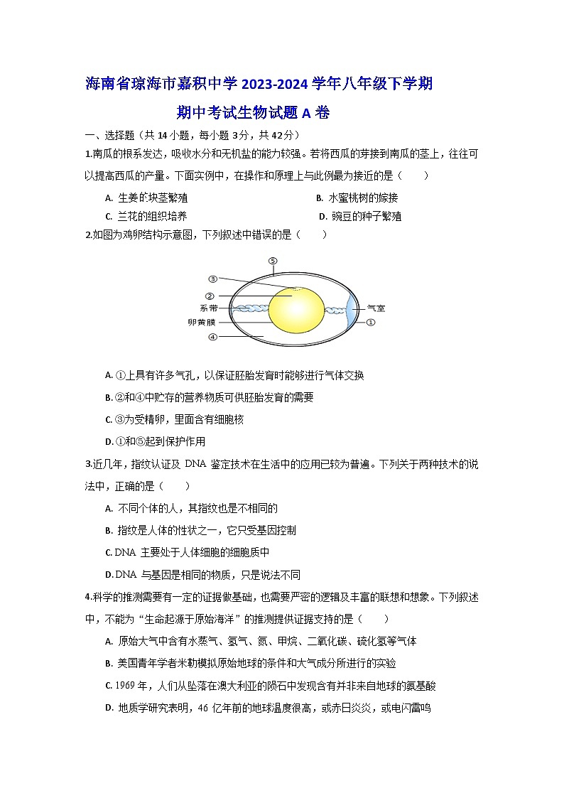 海南省琼海市嘉积中学2023-2024学年八年级下学期期中考试生物试题A卷01