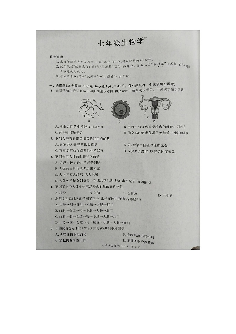 安徽省滁州市田家炳学校2023-2024学年七年级下学期期中生物试卷第1页