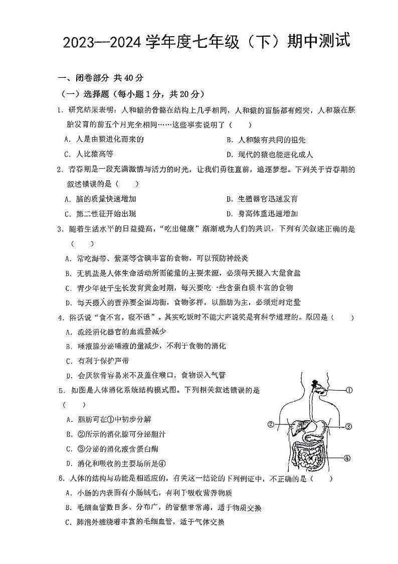 辽宁省丹东市第十九中学2023--2024学年七年级下学期期中测试生物试卷01