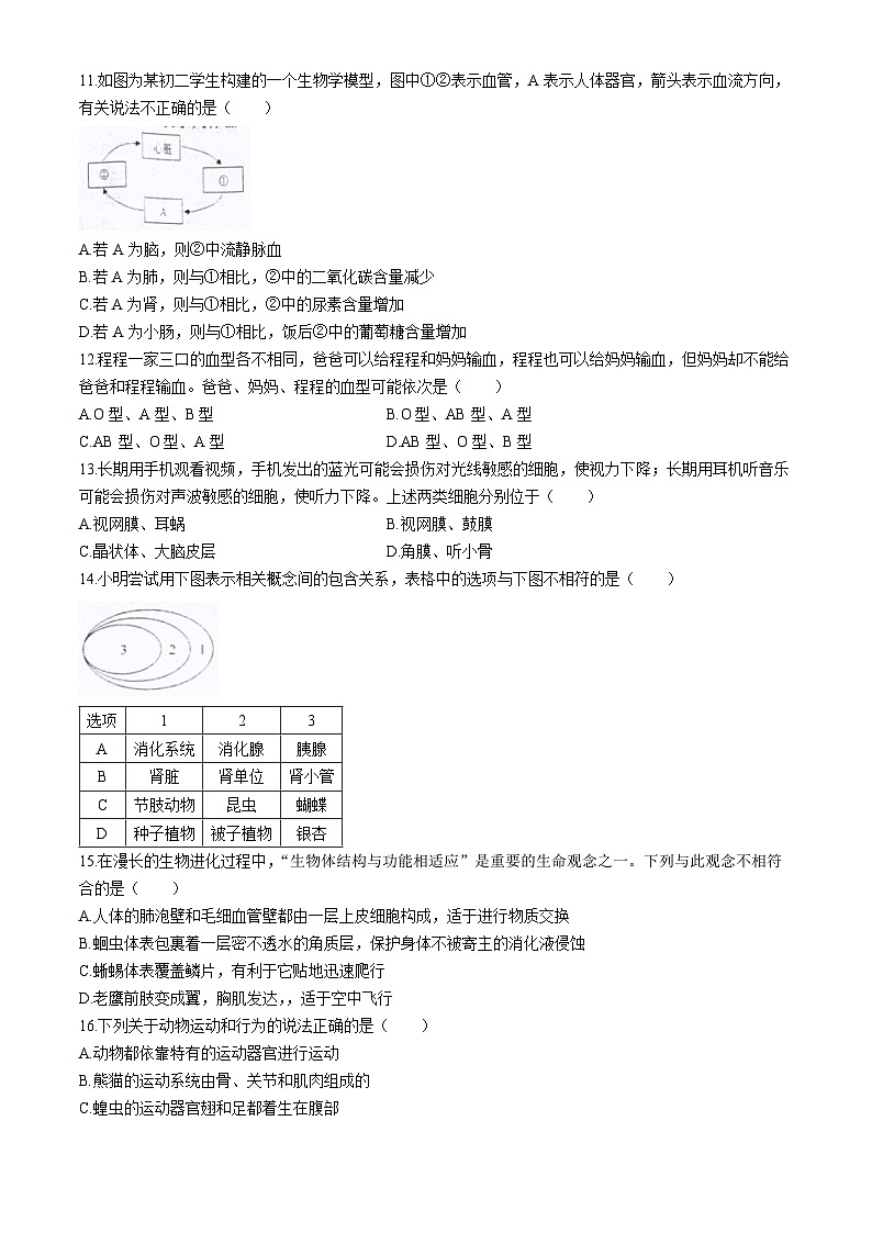 2024年湖南省娄底市双峰县中考模拟预测生物试题03